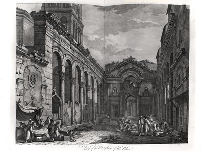 Ansicht des Peristyls des Palastes von Diokletian, römischer Kaiser 284-305, in Split an der dalmatinischen Küste, gestochen von P. Santini, 1768 von Robert Adam